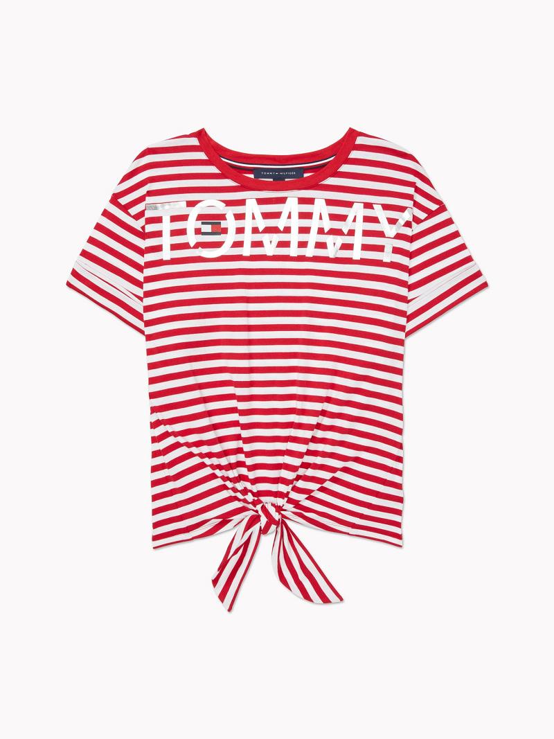 Camiseta Tommy Hilfiger Stripe Tie-Front Mujer Rojas | CL_W21478