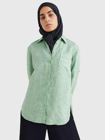 Camisas Tommy Hilfiger Linen Long-Sleeve Mujer Verde | CL_W21285